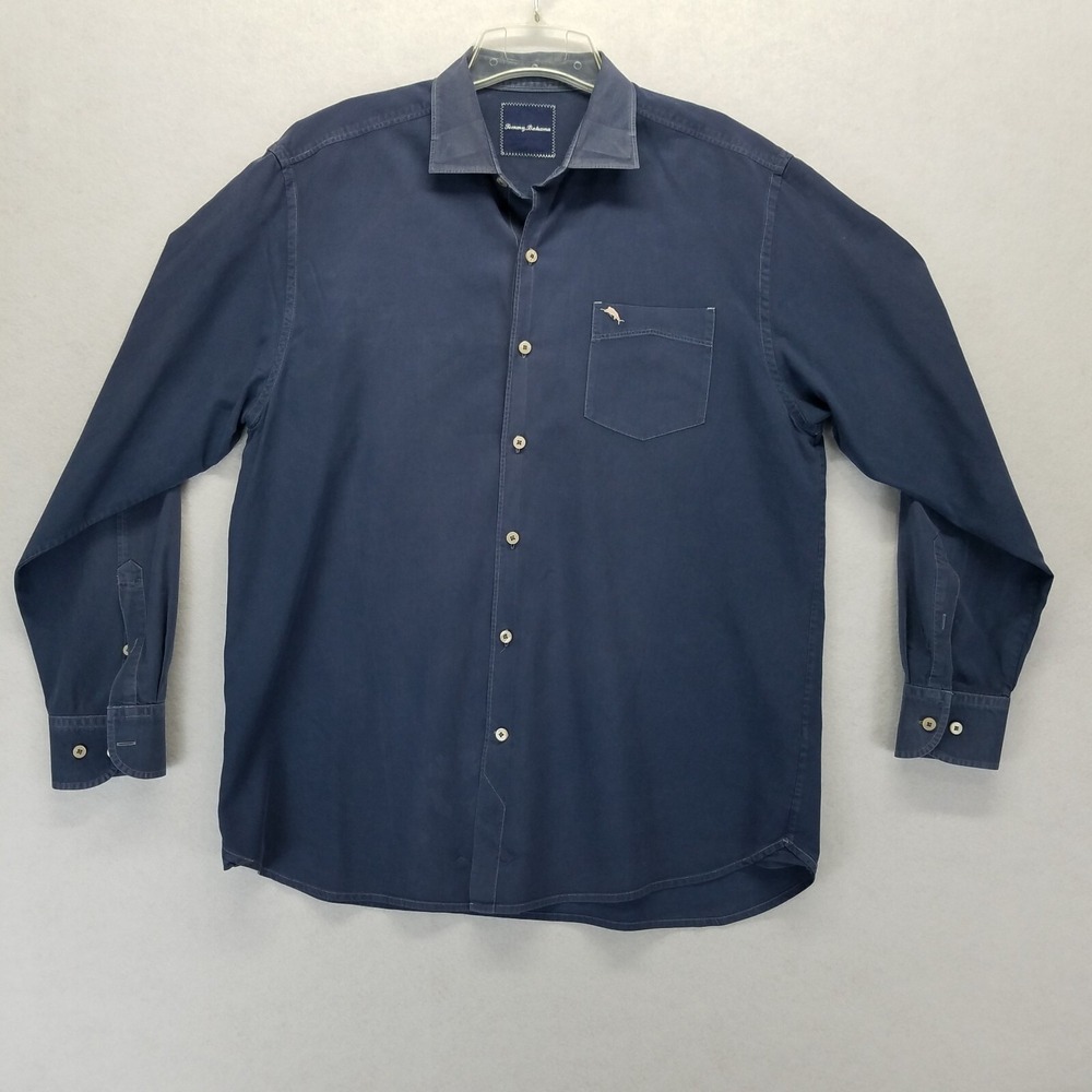 Tommy Bahama Island Casual Shirt Men Size L Blue Hidden Button-Down Collar